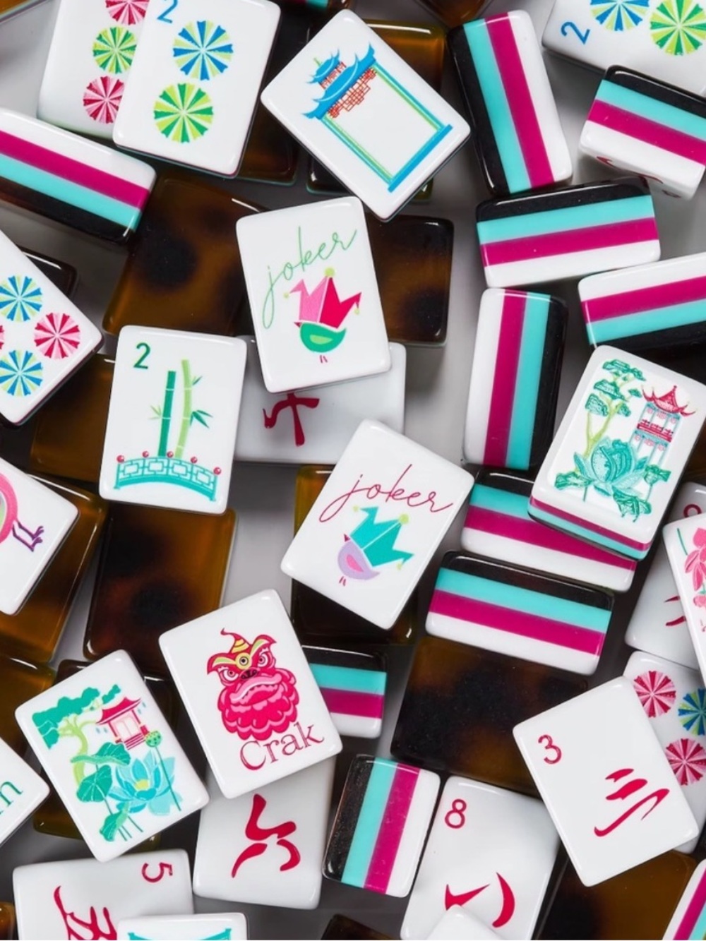 Tortoiseshell Mahjong Tiles Set with Pink, Teal & White Accents